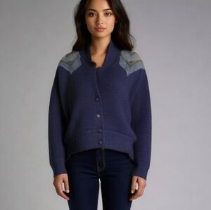 VINTAGE Navy Mohair Embellished Fuzzy Oversized Western Rodeo Cardigan Small